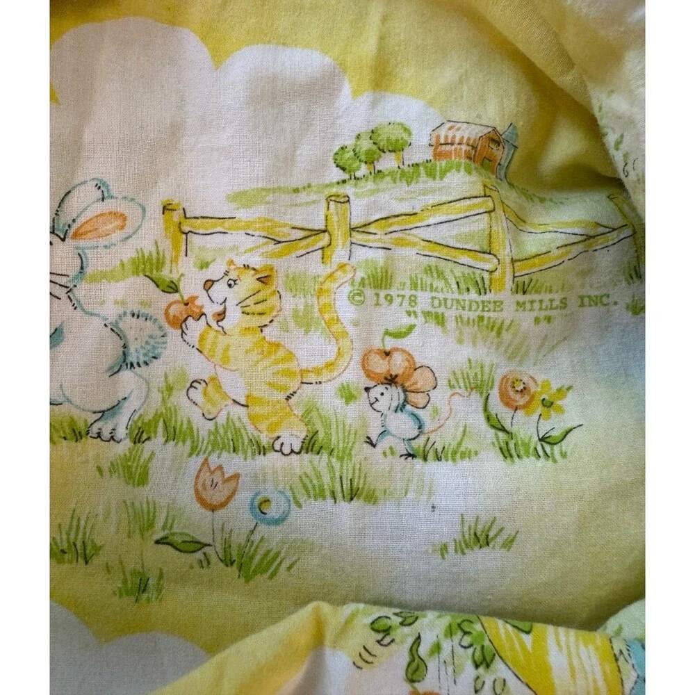 Vtg 70s Dundee Yellow Bears Rabbits Forest Fitted Crib Sheet & Pillowcase Animal